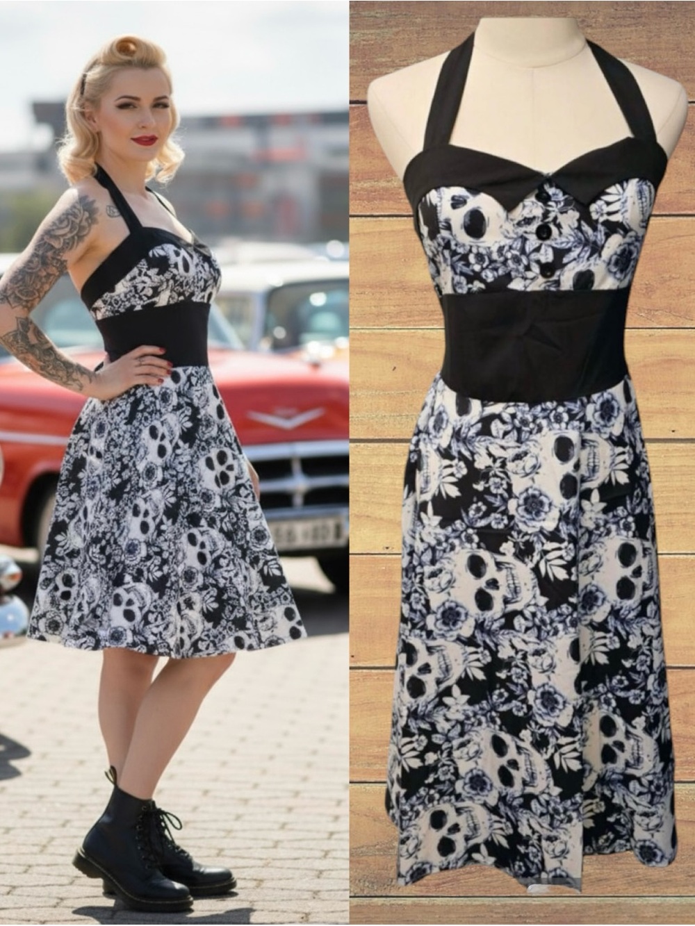 Retro Rockabilly Halter Skull & Floral Print Midi Dress Adjustable Tie S/M ~ NEW